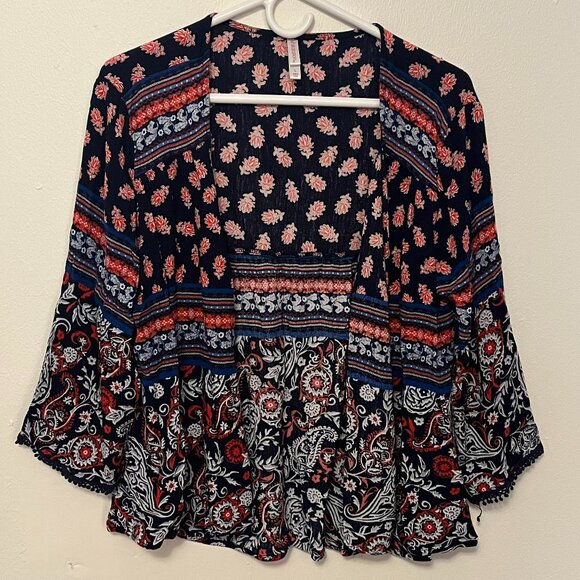 xhilaration Cardigan Open-Front Blue with Red Pattern Size L - Picture 1 of 4